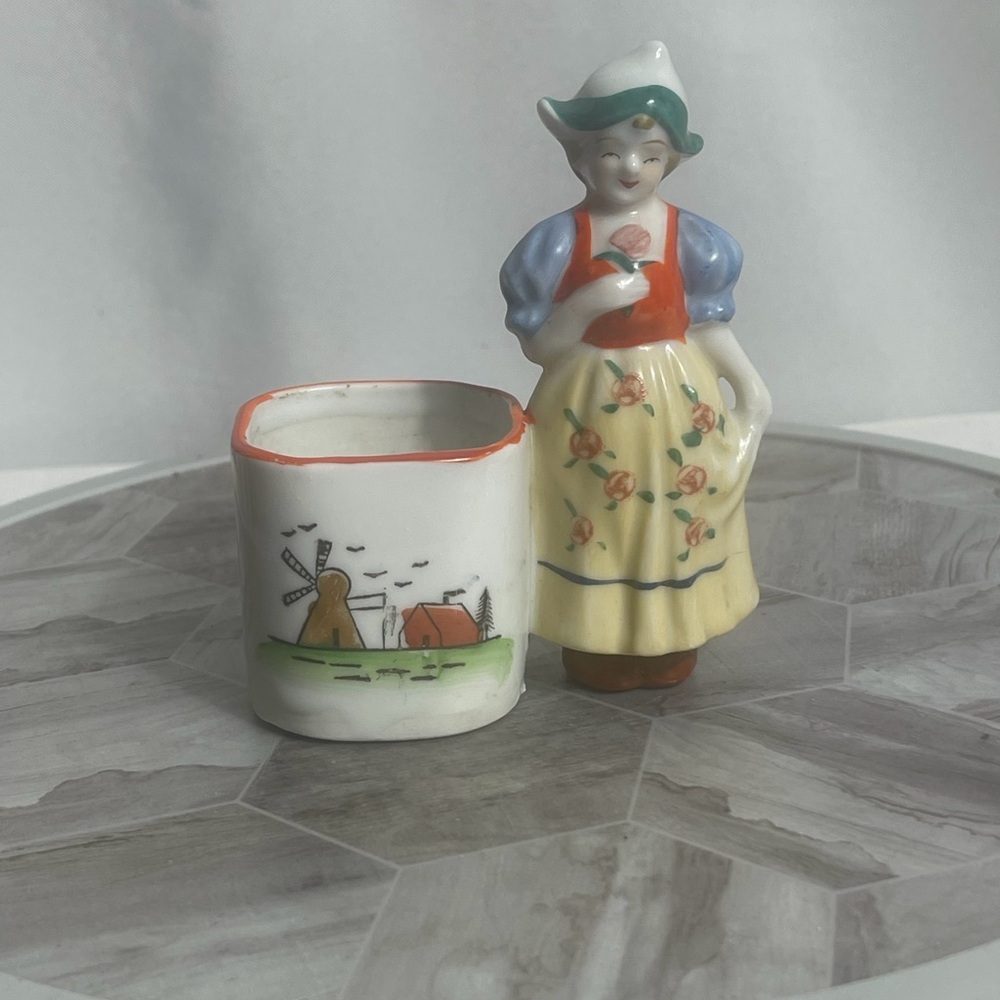 Vintage Occupied Japan Dutch Girl Toothpick Holder Windmill Farm Scene Japan